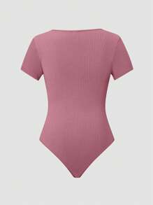 SHEIN Unity Plus Size Women Summer Solid Color Square Neck Short Sleeve Casual Bodysuit And Belted Pants Set - Pink - View 5