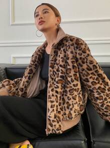 DAZY Veste régulière pour femmes doublée thermique imprimé léopard, imprimé guépard automne/hiver, doublée thermique - Tabac - Voir 5