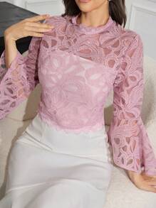 Modelyn 女式春夏花卉网眼立领喇叭袖透明衬衫 - 藕粉色 - 查看 5