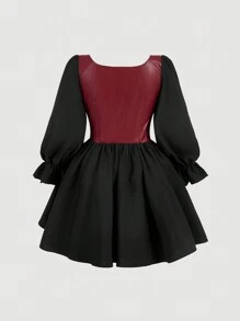 SHEIN MOD 大码女式春夏拼布索环系带荷叶边优雅连衣裙 - 黑色 - 查看 2