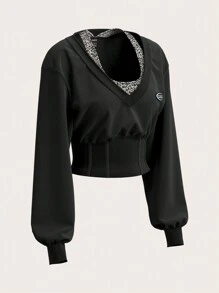 Muchica 撞色针织女式短款长袖运动衫 - 黑色 - 查看 1