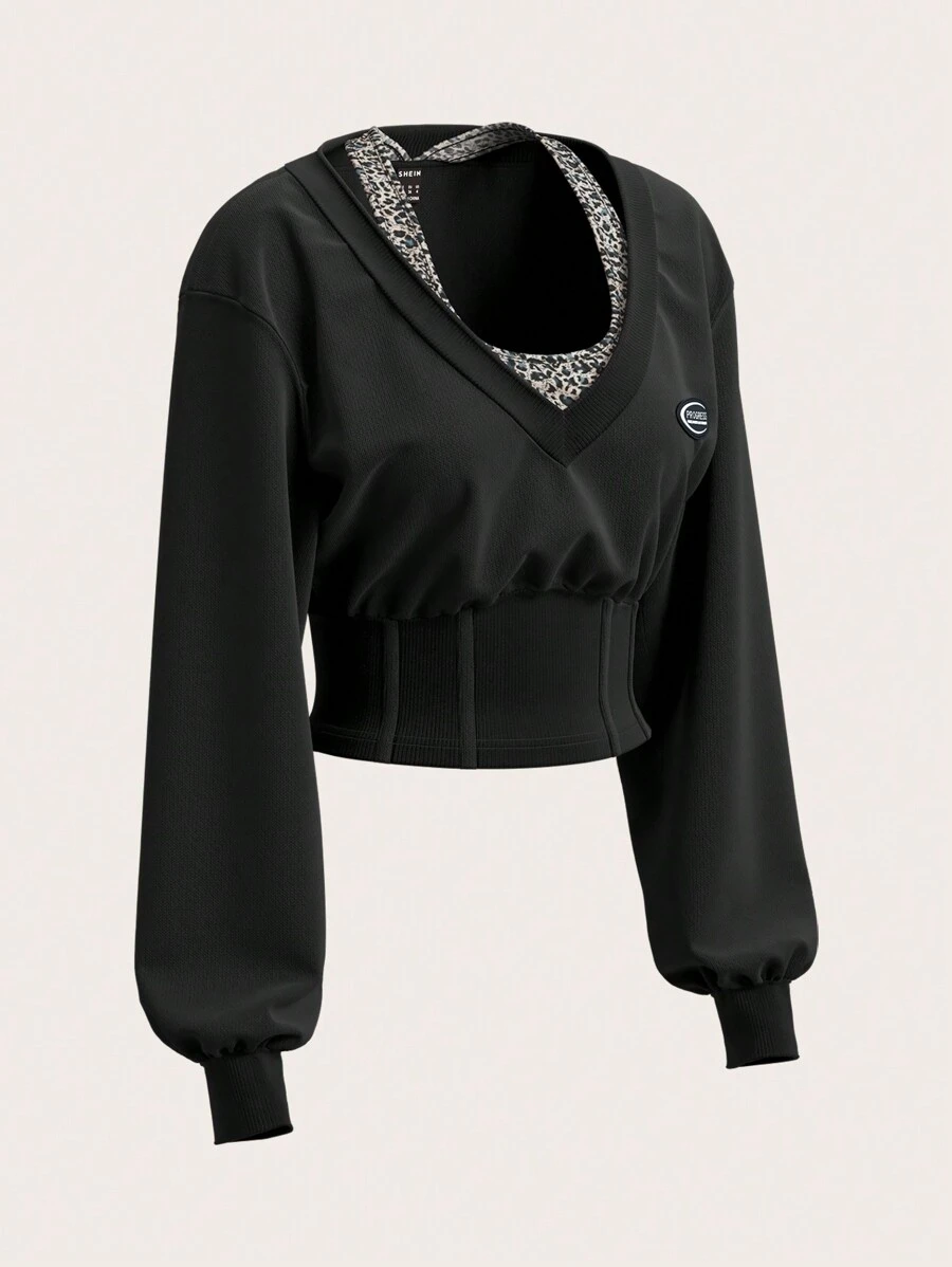 Muchica 撞色针织女式短款长袖运动衫 - 黑色 - 查看 1