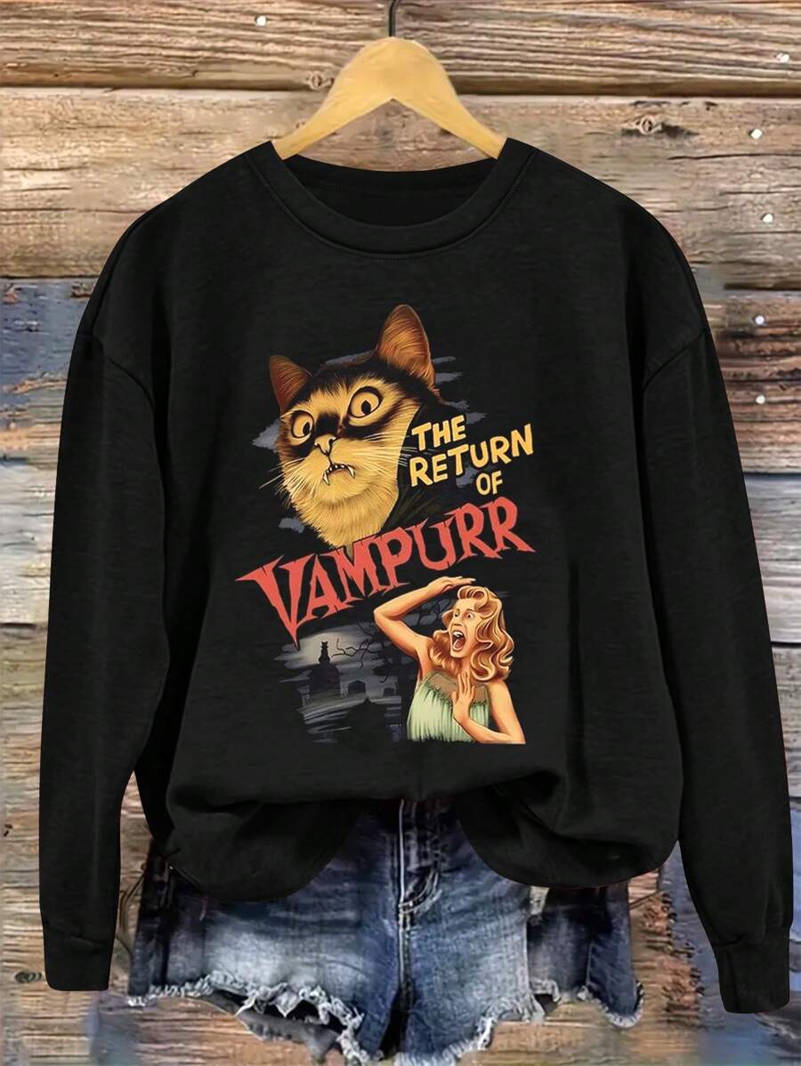 SHEIN CURVE+ 大码复古艺术印花休闲长袖运动衫