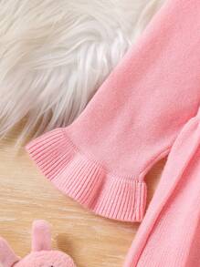 Baby Girl Ruffle Trim Button Front Long Sleeve Casual Knit Sweater Dress - Pink - View 3