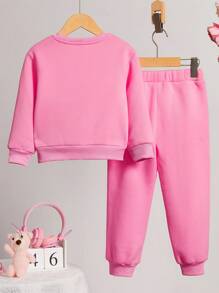 SHEIN 2 件套厚款保暖内衬运动衫和裤子套装，适合年轻女孩，休闲装，适合秋冬季 - 玫紅色 - 查看 2