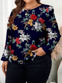 EMERY ROSE Plus Size Women's Elegant Casual Floral Print Loose Fit Long Sleeve Blouse, Suitable For Fall/Winter - Navy Blue - View 3