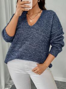 SHEIN LUNE Große Größen Damen V-Ausschnitt Drop Shoulder Locker Lässig Pullover Pullover für Herbst und Winter Strickpullover Herbst - Blau - Übersicht 6
