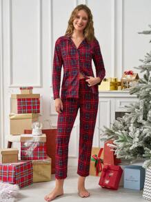 SHEIN Cottnline 100% Cotton 2pcs Plaid Button Front Christmas Homewear Set - Red - View 3
