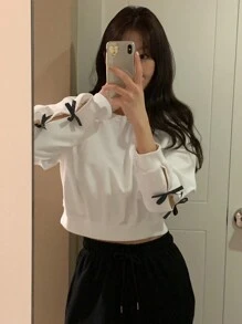 DAZY Women's Solid Color Crew Neck Short Hollow Out Bowknot Decor Sweatshirt,Fall Clothes