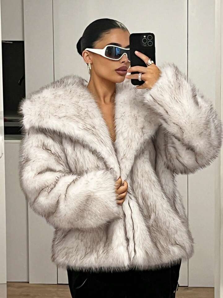 SHEIN ICON Women's Winter Lapel Open Front Fluffy Jacket