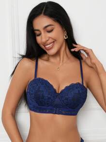 Women Spaghetti Strap Lace Trim Backless Sexy Comfortable Bra - Navy Blue - View 6