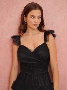 Enchnt Romantic Fall  Elegant Black Ruffle Hem Long Mesh Dress, Date Night Princess Dress For Party,Cocktail And Prom - Black - View 3