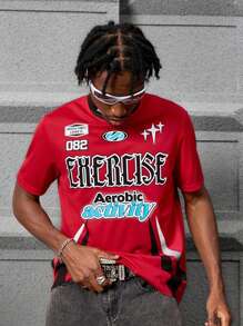 PAVTROS Manfinity Streetrush Men Mesh Athletic Fitted Stand Collar Round Neck Printed T-Shirt - Red - View 1