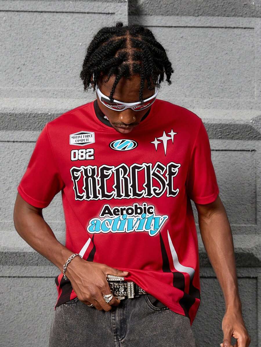 PAVTROS Manfinity Streetrush Men Mesh Athletic Fitted Stand Collar Round Neck Printed T-Shirt - Red - View 1