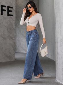 SHEIN Essnce 女式宽松休闲喇叭牛仔裤，带口袋 - 藍色 - 查看 3