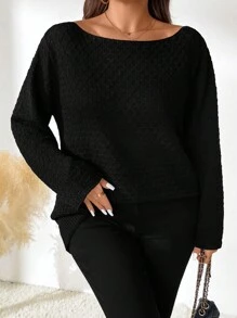 SHEIN LUNE Áo len dài tay màu trơn cỡ lớn dành cho nữ, áo len dệt kim mùa thu/đông. - màu đen - Xem 3