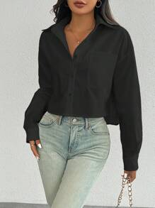 Calvaya Camisa minimalista de manga larga con botones y unicolor negro sobredimensionada, Blusas de manga larga - Negro - Ver 4