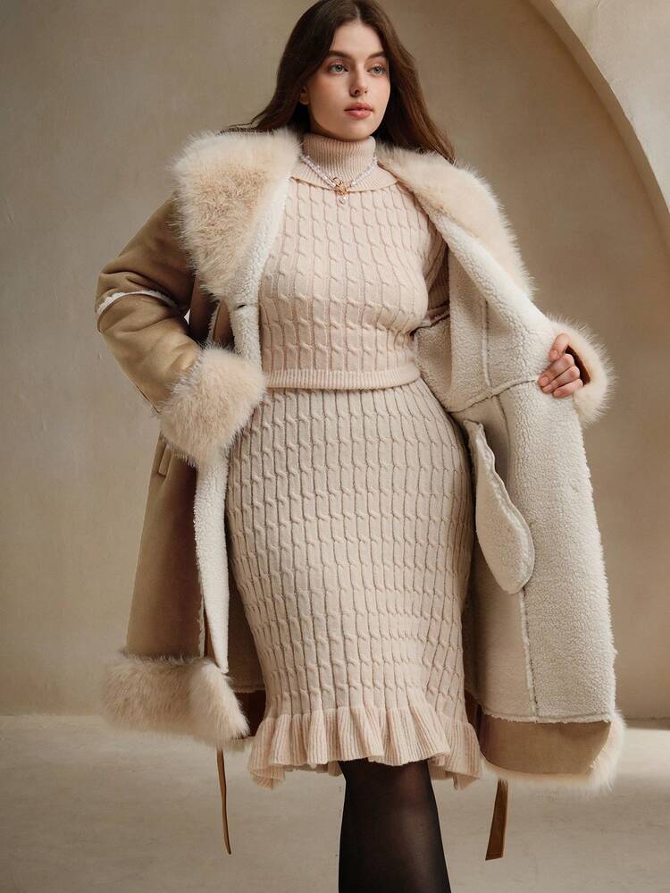 Jacke mit dickem pelzigen Kragen, fluffiger Pelzbesatz an der Taille, in Große Größen, für den Winter