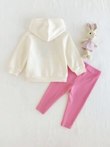 Cozy Pixies 2pcs Baby Girls Loose Letter Pattern Dropped Shoulder Hooded Sweatshirt And Leggings Fall Clothes Set, Casual Cute - Pink - View 2