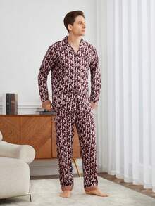 Men's Letter Print Long Sleeve Shirt And Pants Home Wear Set - Multicolor - View 4