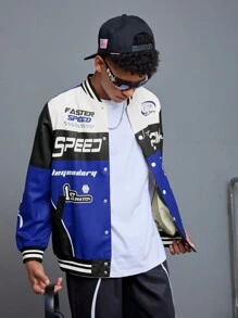 SHEIN 青少年男童休闲拼接撞色棒球夹克，赛车标志印花长袖罗纹腰带运动外套 - 寶藍色 - 查看 4