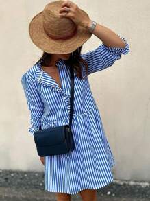 INAWLY 女式前扣荷叶边中长休闲 T 恤连衣裙 - 藍色 - 查看 1