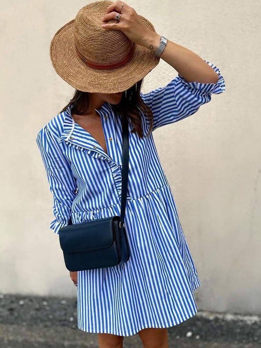 INAWLY 女式前扣荷叶边中长休闲 T 恤连衣裙 - 藍色 - 查看 1