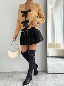 SHEIN LUNE 杏色蝴蝶結裝飾休閒寬鬆女式針織開衫