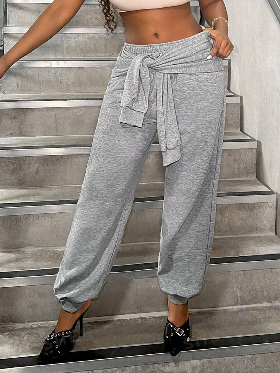 Zolique Pantalones deportivos de mujer de estilo casual con diseño de empalme de puño y cintura, de moda en la calle en el estilo Ins otoñal - Gris - Ver 1