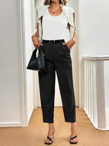 Xyvia Women's Elegant Solid Color Pleated Detail Regular Suit Pants, Autumn - Black - View 4