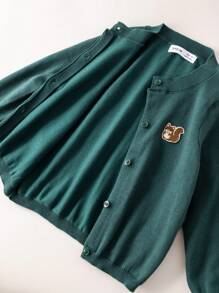 PrepCrw 年轻女孩秋冬学院风绿色单排扣宽松刺绣松鼠长袖开衫返校 - 綠色 - 查看 7
