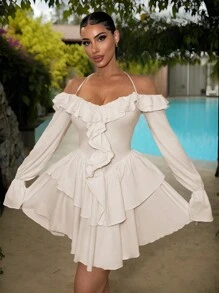 SHEIN SXY Holiday Vacation Beach Summer Multi-Layered Ruffles Oversized Skirt Women's Solid Color Simple Daily Ruffle Hem Dress Wedding Guest Dress Women - Beige - View 3