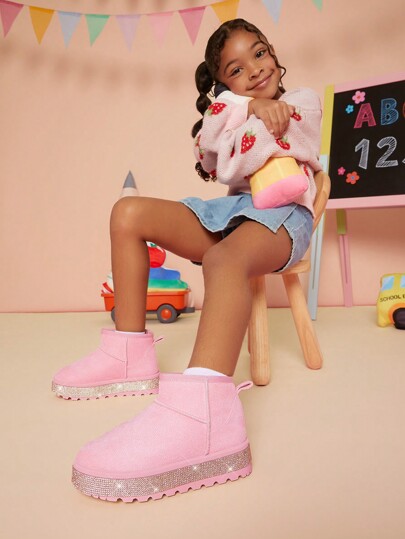 Mini mi Botas de nieve mini clásicas rosas con plataforma para niños, con suela con brillantes rhinestones, botas de invierno acogedoras y brillantes