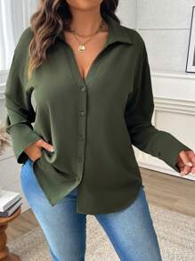 Vionelle 大码女式纯色宽松长袖优雅衬衫，春夏女式衬衫 - 軍綠色 - 查看 4