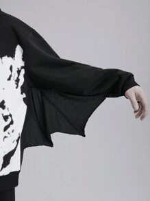 ROMWE MEN Goth Men Casual Drawstring Printed Batwing Sweatshirt, Halloween - Black - View 2