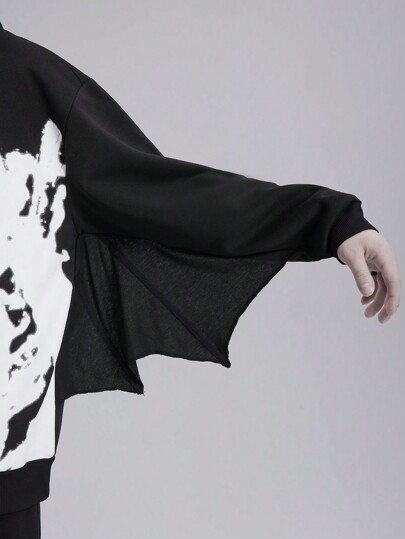 Goth Men Casual Drawstring Printed Batwing Sweatshirt, Halloween