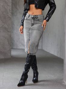 SHEIN Essnce تنورة جينز ممزقة للنساء مع شق