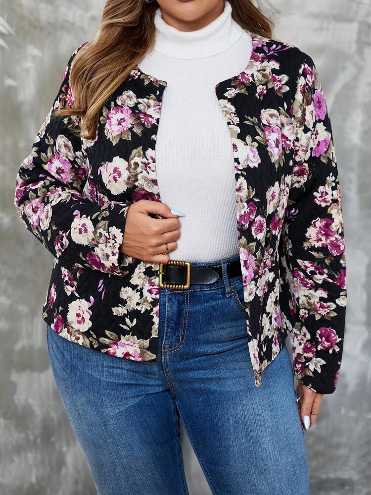 Plus Size Button-Up Long Sleeve Pocket All Over Print Fashionable Padded Winter Coat