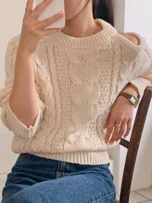 DAZY Suéter de mujer de cuello redondo con hombros abiertos y punto de canalé para otoño