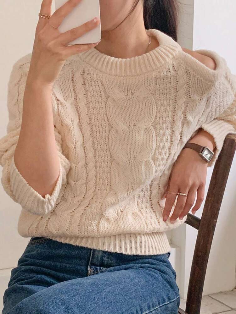 Women's Round Neck Open Shoulder Rib-Knit Sweater Fall