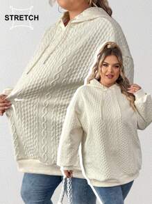 SHEIN CURVE+ Curve Plus Cable Knit Drop Shoulder Drawstring Hoodie - Apricot - View 7