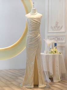 SHEIN 青少年女孩闪亮优雅高腰荷叶边 V 领开衩长裙礼服 - 杏色 - 查看 6