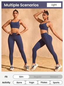 Easithlete 女士纯色无缝瑜伽套装 - 运动胸罩和紧身裤健身套装 - 藍色 - 查看 5