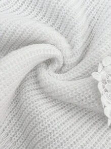 EMERY ROSE Plain Crew Neck Long Sleeve Contrast Guipure Lace Minimalist Sweater, Casual Daily Wear, Knit Pullover Fall Winter - White - View 3