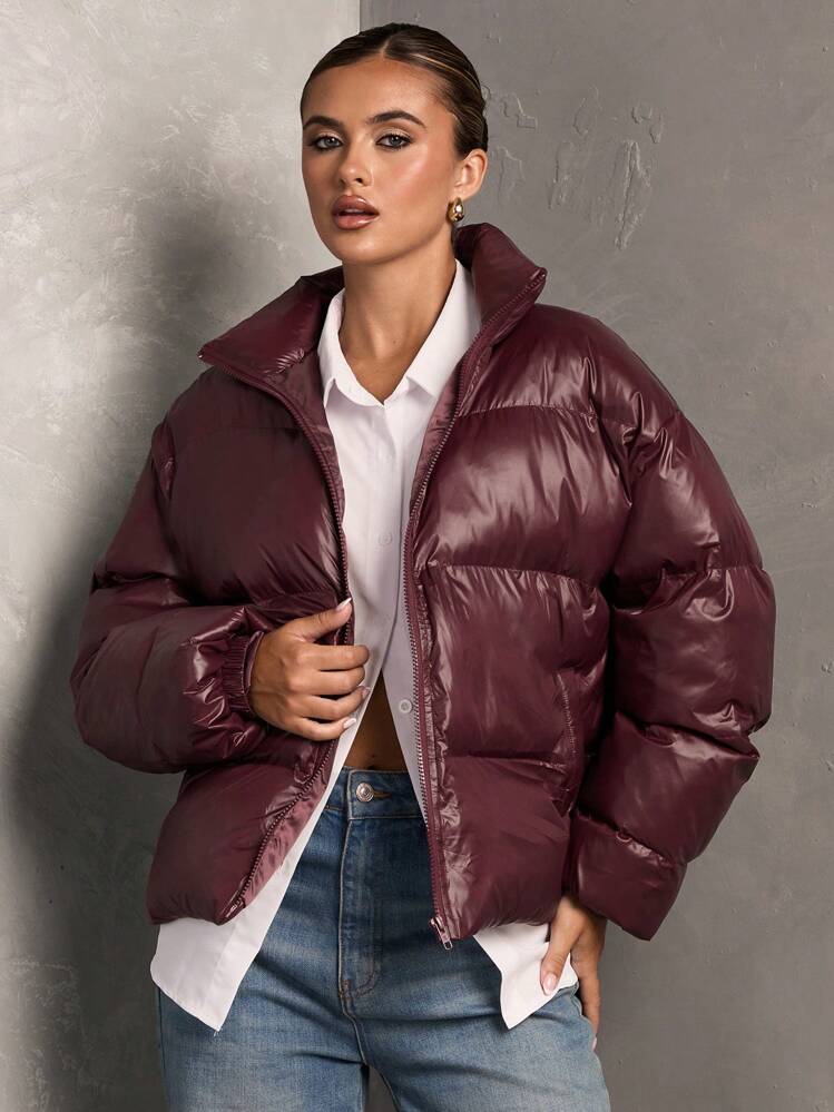 SHEIN BAE Women's Solid Color Front Zipper Long Sleeve Minimalist Coat, Casual Daily Wear Winter Burgundy Warm Thickened Jacket Suitable For Winter Thanksgiving Women Outfit Winter Clothes Winter Women Jacket Winter Women Coat Fall Women Outfits Homecoming - Coffee Brown - View 4