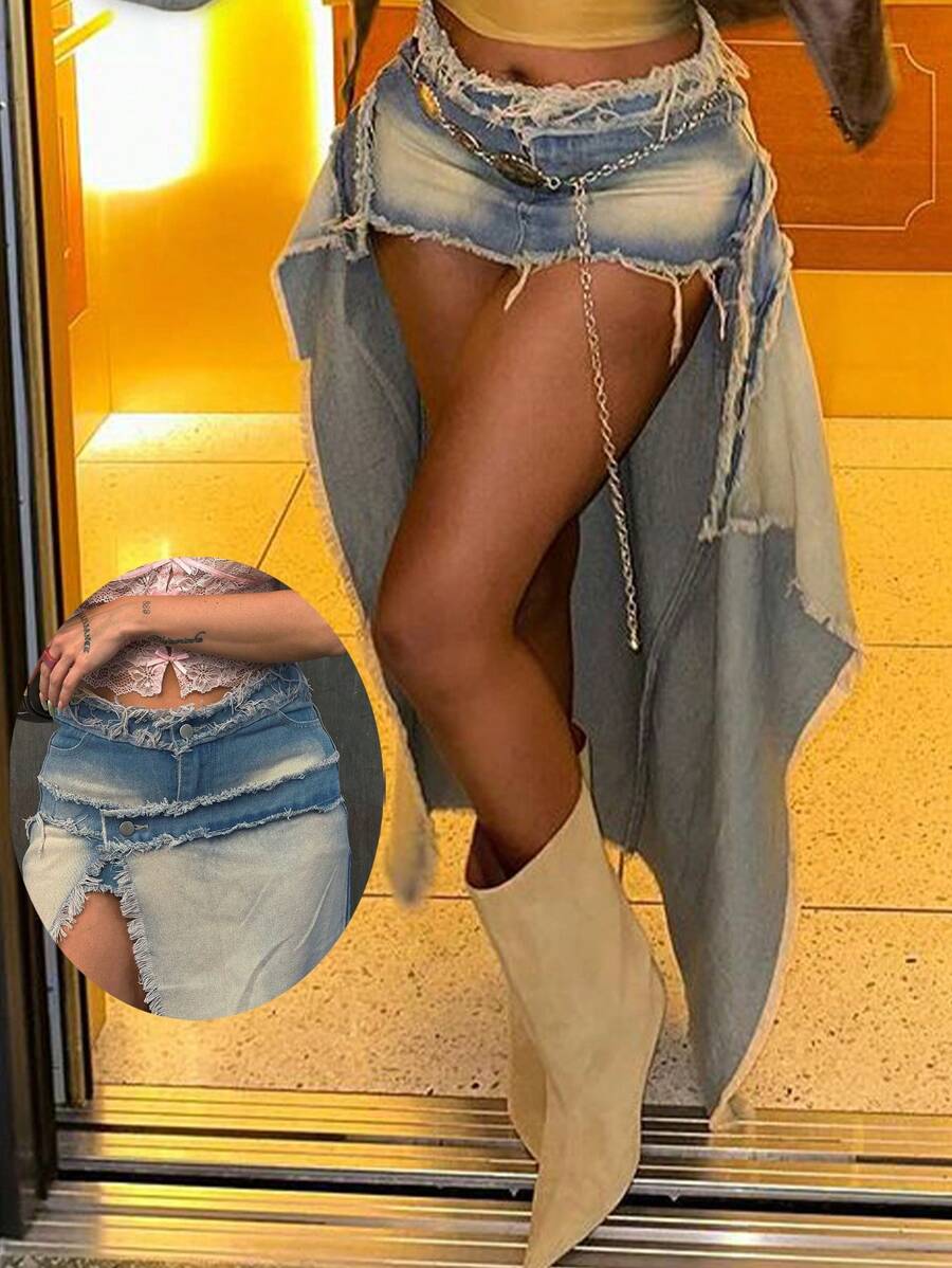 Y2K复古水洗毛边不对称下摆性感牛仔裙，音乐节休闲装 - 藍色 - 查看 1