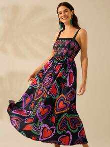 CAJUNI Women's Colorful Heart Print, Boho Print Halter Big Swing Long Dress, Holiday Casual Beach Summer Black Dress - Multicolor - View 7