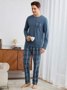 Men 2pcs Set: Crew Neck Long Sleeve Top Top And Plaid Design Fashionable Pants, Casual Pajama Set, Fall Winter Clothes - Baby Blue - View 3