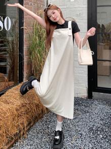 FRIFUL Women's Solid Color Simple Casual Strap Corduroy Overall Dress Sundress