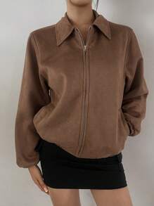 DAZY Women Solid Color Long Sleeve Zipper Casual Faux Leather Jacket, Spring Autumn,Fall Women Clothes - Brown - View 8